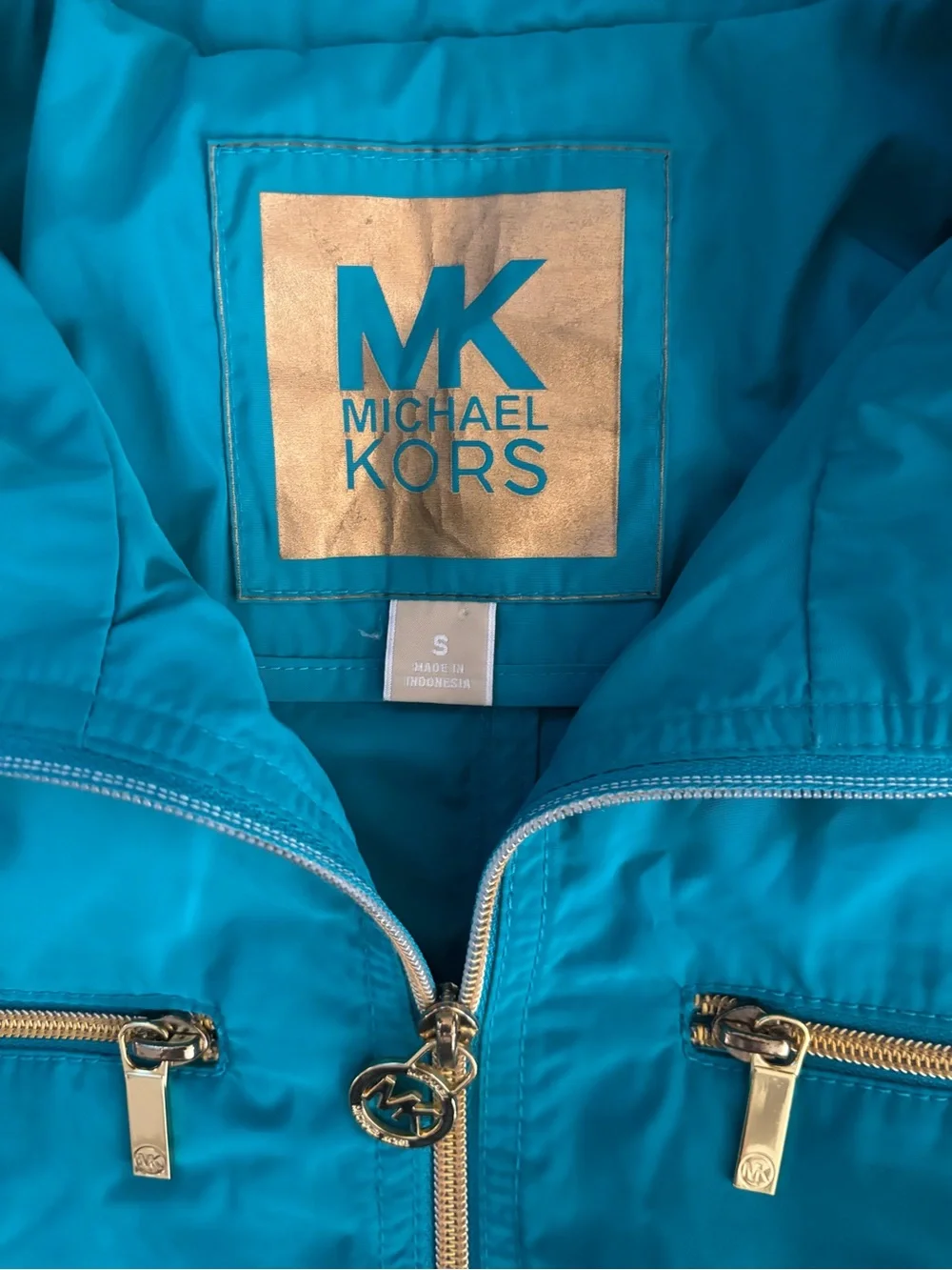 Michael Kors Teal Trench Coat with Gold-Tone Zippers